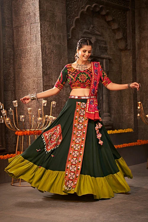 Shubhkala Green Color Embroidered Ethnic Tradtional Navratri Special Chaniya Choli